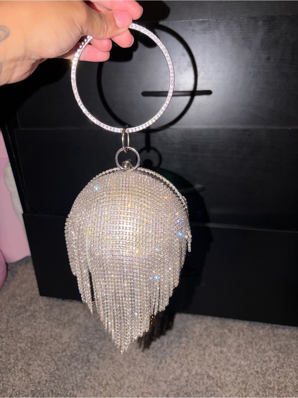 PrettyLittleThing Silver Crystal Fringe Ring Clutch